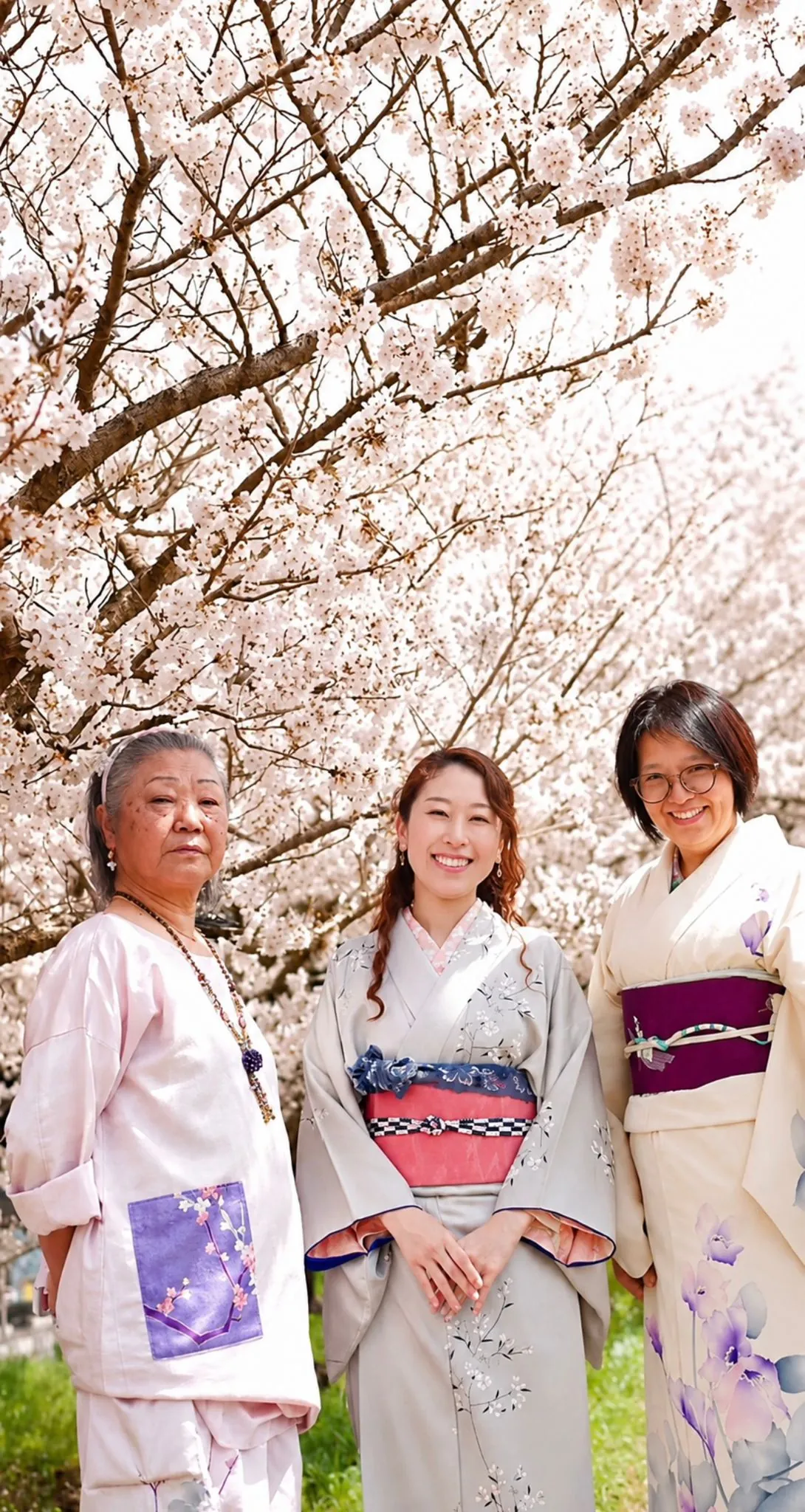 Tres mujeres japonesas sonriendo bajo cerezos en flor